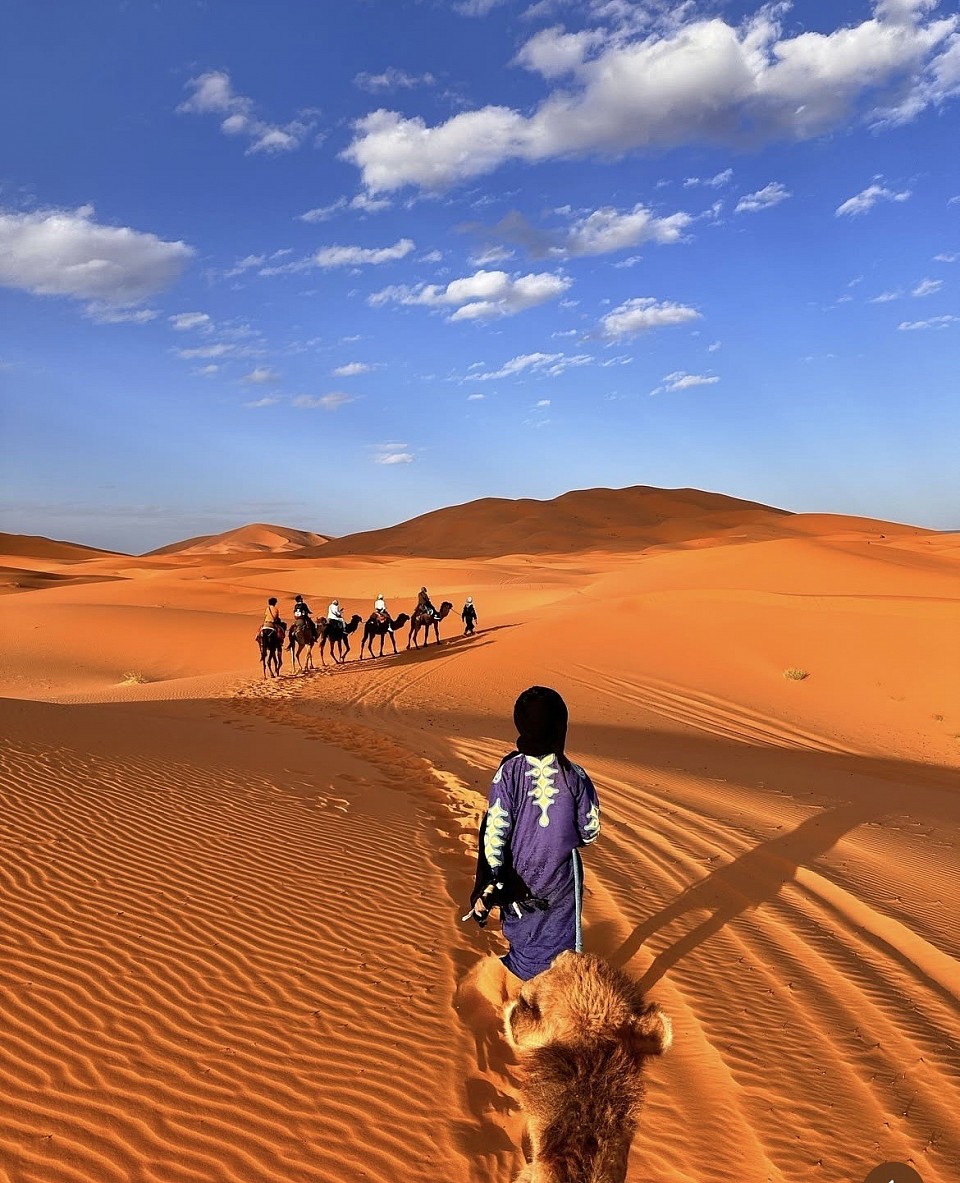 DAY 2.     : Zagora – Tamegroute – Mhamid – Chigaga Dunes After breakfast, you will head to Tamagroute and visit the Zaouia Nasiryaa, one of the country’s oldest libraries. Driving along the Draa valley to M’hamid, you will get impressed by the vast dunes of Chigaga appearing from the horizon. Here you go for a camel ride and overnight in a desert camp.