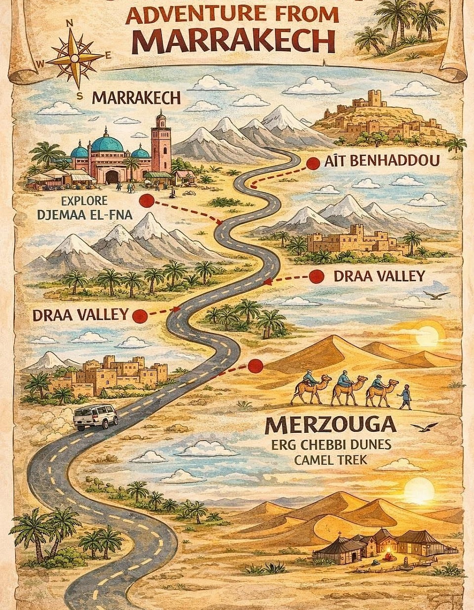 We are a Moroccan travel agency based in Marrakech with multilingual drivers and tour guides who have extensive knowledge of “Deep Morocco”. We speak English, French and Spanish. Hassan Safari Tours is a tour operator company registered by the Moroccan government. Whether you want to immerse yourself in the historic imperial cities, visit some of the 9 UNESCO heritage sites, the Sahara or a mix of all of these, we will put together a special itinerary just for you.
