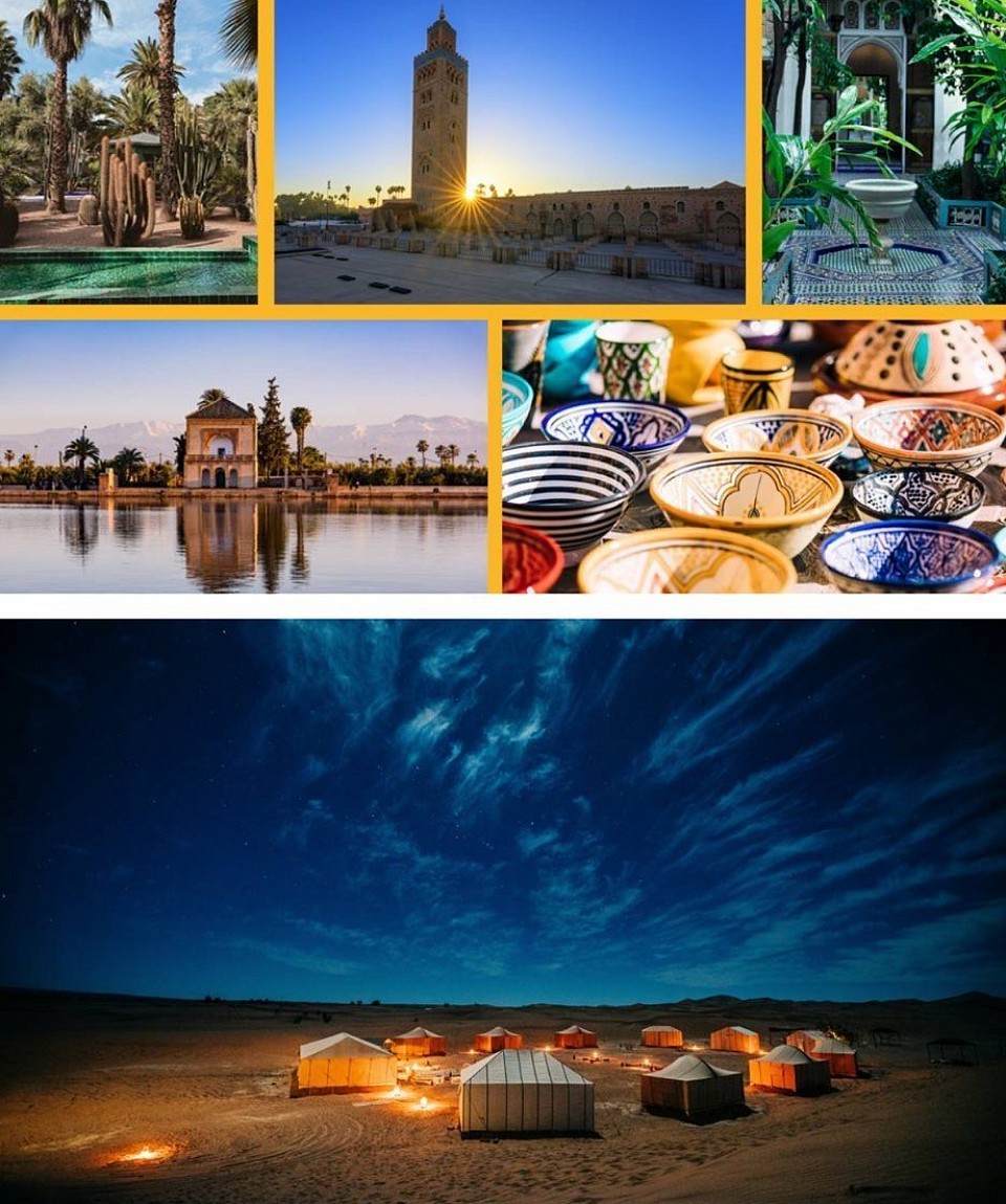 Beyond  F  E Marrakech, Cascades d'Ouzoud, Ouarzazate, Zagora, Erg Chegaga, Tafraout, Agadir, Essaouira & Marrakech Tour Route Highlights Day 01: Marrakech ouzoud waterfalls ait ben haddou.  We will pick you up in Airopot at 9 a.m. We will go to cascad ouzoud to visit the great waterfall in north of africa and after Ouarzazate, to visit the Kasbah of Aït Ben Haddou and sleep in a hotel in Ksar ait benhadou.  •Day 02: Ait ben haddou Ouarzazat ERG LIHOUDI  We will leave for the Draa valley. We will stop to take the photos and drive through the Draa valley, the largest in Morocco, to go to Agdz to visit the manufacture of tamgroute foal we will continue on the road to el mhamid el ghizlan to ride the camels will wait for you at the bivouac to take you to the heart of the Sahara desert. Dinner under the stars and accommodation in typical Berber tents.  •Day 03: El mhamid a erg chgaga the track 100km  We will make the track towards another camp of east chgagacontinue to arrive in the palm grove of Foum Zguid, Continuation by the sandy track to the large Chegaga dunes. Night in the bivouac installed in the middle of the dunes: tents set up, tea, dinner and night in tent. the great dunes of Morocco Magnificent opportunity to contemplate the sunrise on a sea of dunes. We are going to have breakfast in the desert on reataurant titanic we continue the track until another bivouac iriki we will spend the night.  •Day 04: erg chegaga _tafraoute the blue stone  We will pass through the valleys of the palms foum zguid and tata to pass the mountains we arrive in the morning departure to Tata, then direction to Tafraout through the magnificent landscapes of the mountains of the Anti Atlas that segrende their fortress granies, Arrival in Tafraout, visit of the city, Unique landscapes with these pink granites suspended at the foot of the mountain peaks. We are going to spend the night on a riad.  •Day 05; TAFRAOUT AGADIR  After heading to Agadir (coffee break at the Kerdous pass at 1100m altitude), Arrival in ait baha known for its jewelry souks and the work of money, a small tower of the Ramparts, then. In the land of Ida Ougnidif, the Kasbah of Tizourgane sits on a rocky piton, like a queen on a granite throne. A centuries-old architectural work, the citadel seduces by its beauty, as well as by the historical charge that emerges from it. Its importance is such that it has been inscribed on the national historical heritage since 1995.  Rehabilitated into a guest house, the Kasbah of Tizourgane has been able to retain all its original size. Strolling through its narrow alleys and coastal paths, you will embark on a journey through time that begins in the 13th century and ends with an exceptional sunset. Without a doubt, it is an unprecedented experience that will awaken the imagination of children and adults. Sleep on business on a hotel.  •Day 06: AGADIR  The day city tours and Taghazout city  •Day 07 :agadir essaouira marrakech  Guided tour of Skala: Architectural and historical testimony of Spanish and Portuguese domination, the Skala (or Scala) is one of the unmissable tourist sites. Stunning views of the islands, the city, the place is ideal to take the full measure of the location of the city and to admire the beauty of the sunset.  •Day 08:departure to airopot