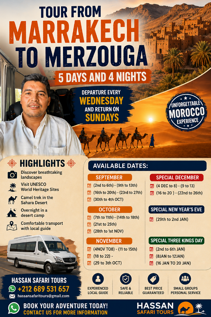 ✨ MARRAKECH & MERZOUGA DESERT ✨ 🐪 4 Nights / 5 Days 🚌 Departures from Marrakech  Discover the magic of Morocco on an unforgettable tour between Marrakech, the Dades Valley and the golden dunes of Merzouga 🌅  🏨 1 night in Marrakech 🏔️ 1 night in the Dades Valley ⛺ 1 night in a private tent (haima) in the desert 🏨 1 night in Marrakech ✅ Includes: - Private bus - Tour guide - Camel ride - 5 breakfasts - 4 dinners - Selected hotels - Unique desert experience  🔥 Experience incredible sunsets, nights under the stars and the authentic essence of Morocco.  📩 Book your spots now ⚠️ Limited availability  Price per person in double/triple room: 450&euro;
