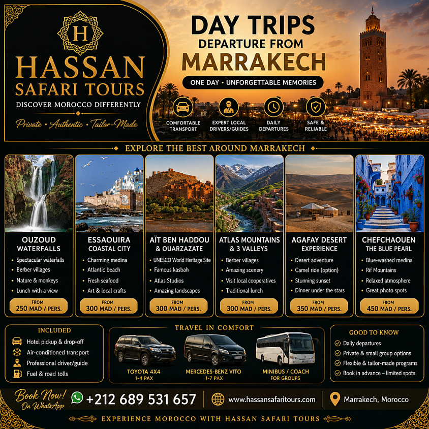 We are a Moroccan travel agency based in Marrakech with multilingual drivers and tour guides who have extensive knowledge of “Deep Morocco”. We speak English, French and Spanish. Hassan Safari Tours is a tour operator company registered by the Moroccan government. Whether you want to immerse yourself in the historic imperial cities, visit some of the 9 UNESCO heritage sites, the Sahara or a mix of all of these, we will put together a special itinerary just for you.